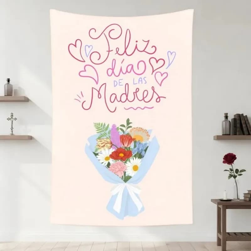 Happy Mother's Day Tapestry, Spanish Mother's Day Flower Bouquet Wall Hanging, Pink Heart-shaped Flower Wall Decor