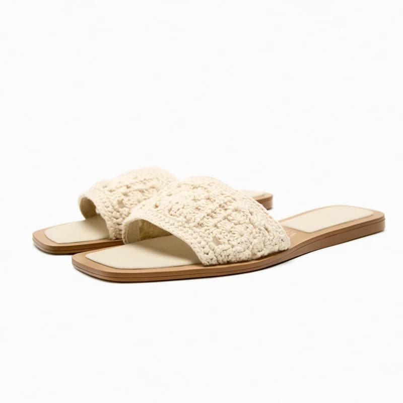 Women's Flat Bottom Sandals Hollow out Woven Fabric Beige Casual Style Large Size Slippers Korean Style Slip-On Shoes
