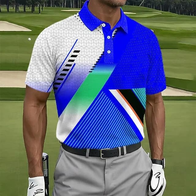 Polo da Golf da Uomo con Stampa 3D Geometrica, Manica Corta, Colletto e Bottoni, Casual, Nuova Collezione 2026