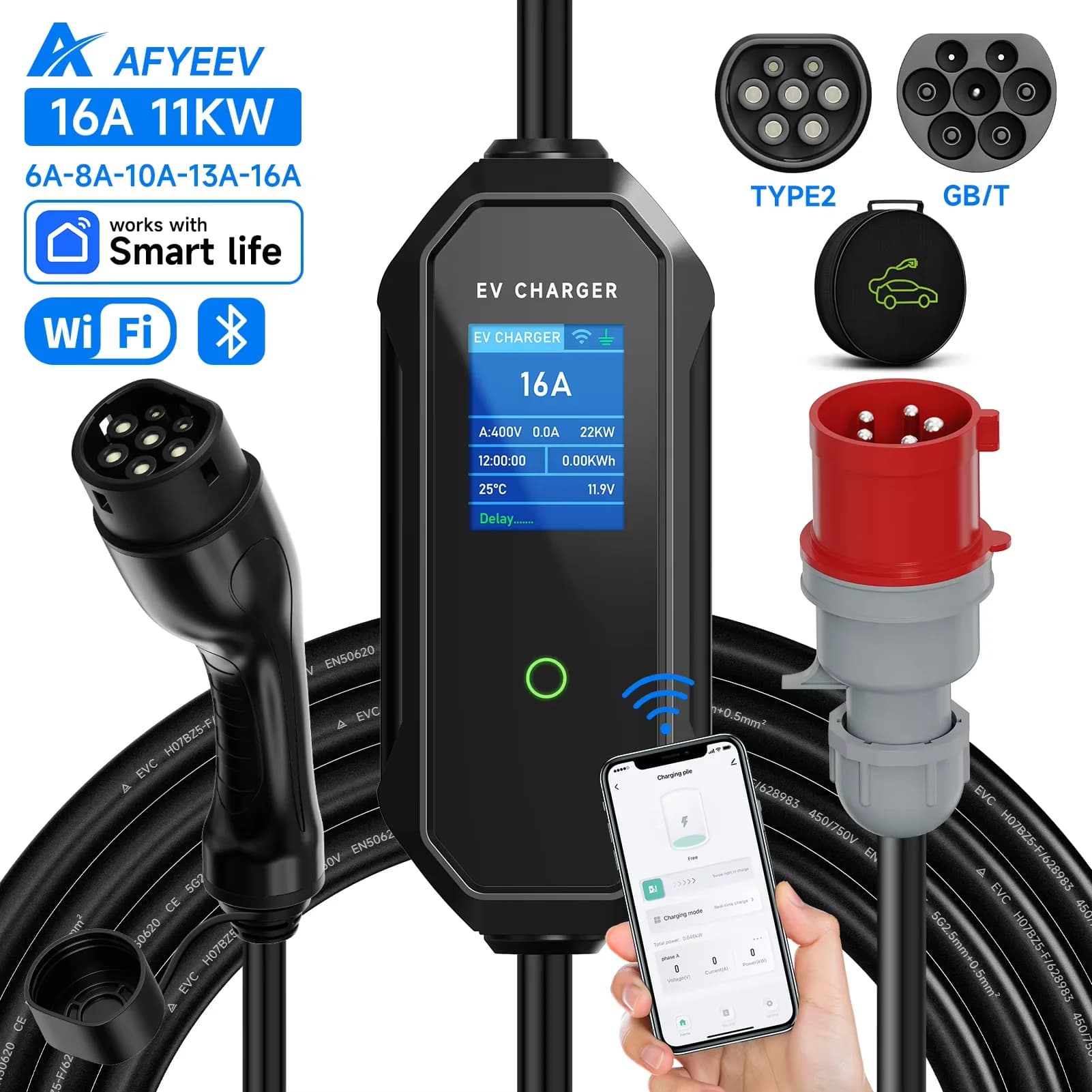 AFYEEV Type2 Portable EV Charger 11KW 16A Electric Car Charger GBT Three Phase APP Wi-Fi Bluetooth Version EEC Plug Remote Control