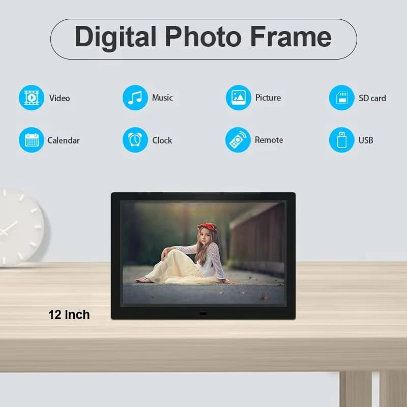 Wholesale 12\" Acrylic Digital Photo Frame Auto Loop Play SD Card USB Port Bulk for Displaying Photos Videos Includes Clock