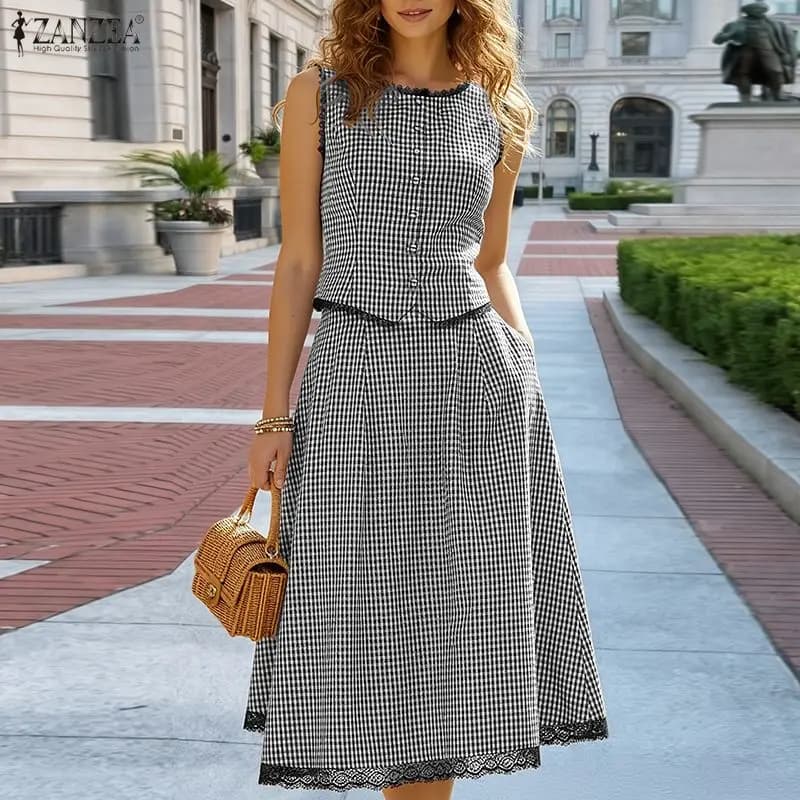 Elegant Women 2 Pieces Sets ZANZEA Summer Sleeveless Plaid Patchwork Vests Tops Dress Sets Stylish OL Work Skirt Suit OL Outfits
