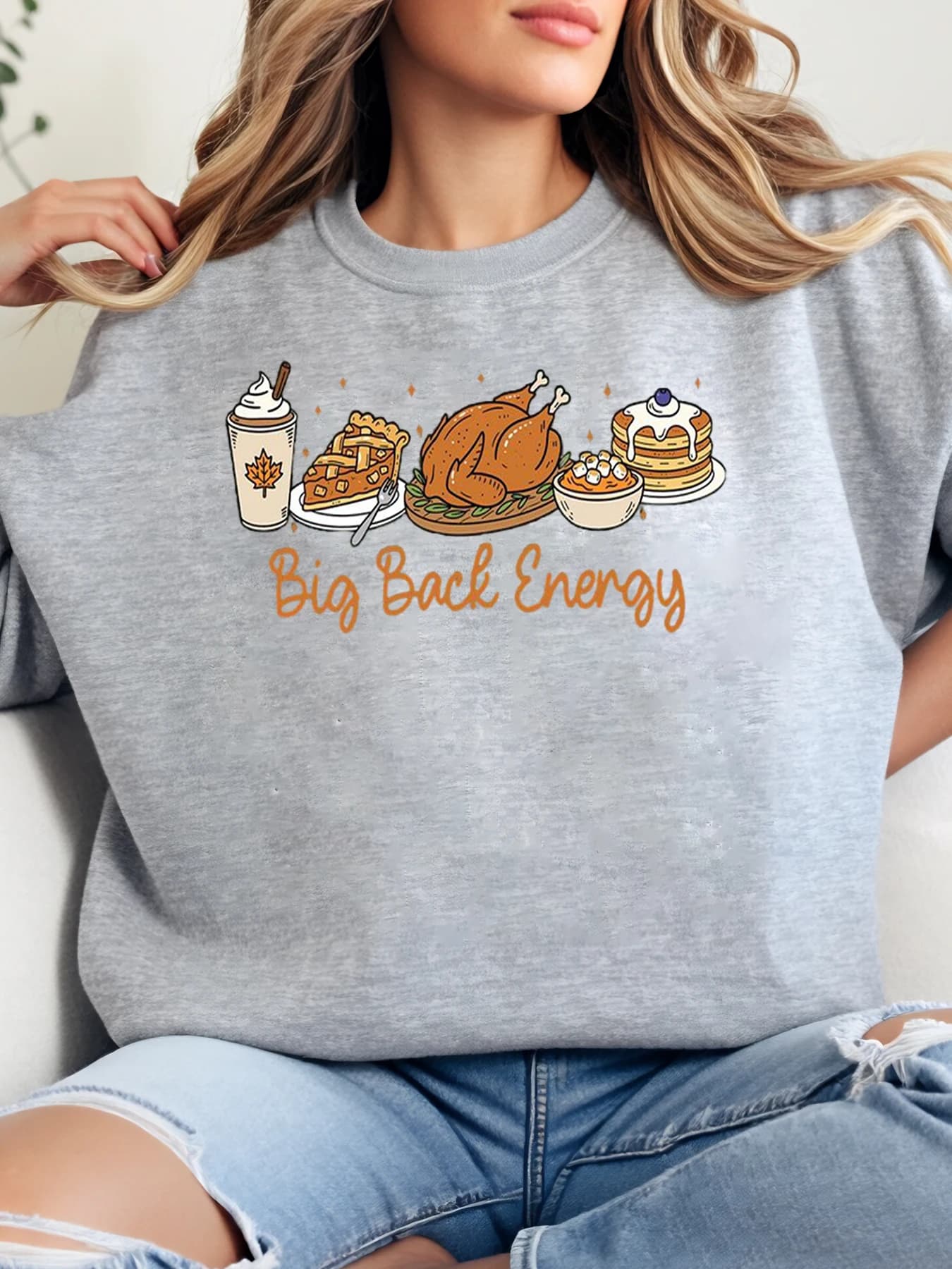 Crew neck sweatshirt with energy print for Thanksgiving food and big back Casual women's clothing Full of holiday Grey Strong cuts