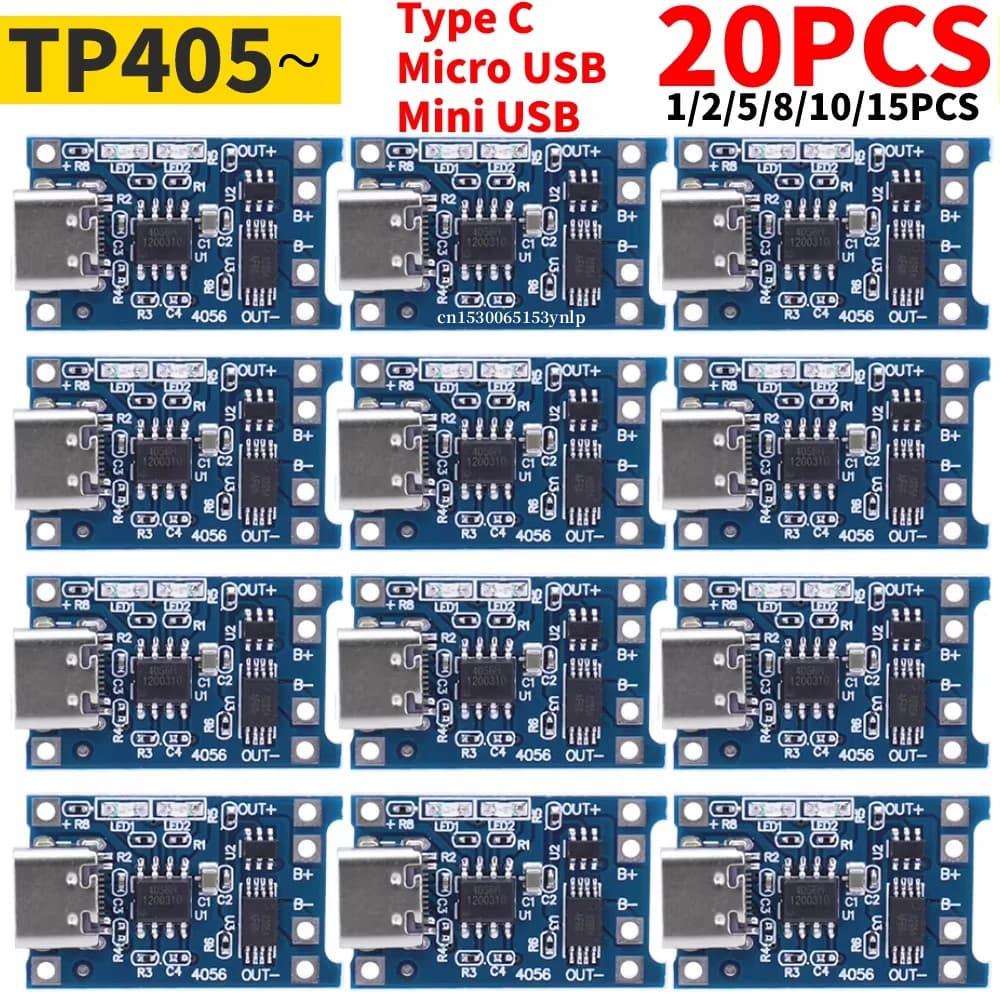 1-20PCS Tipo-c/Micro/Mini USB 5V 1A 18650 TP405 ~ Modulo caricabatteria al litio Scheda di ricarica con protezione Doppie funzioni 1A