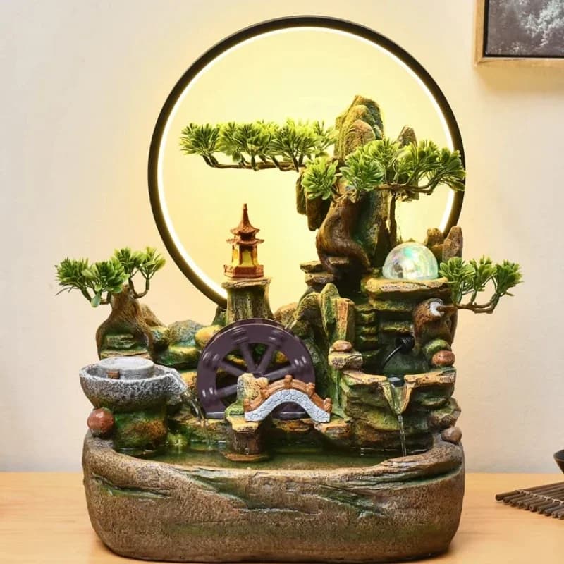 Indoor Fountain with Fish Tank Fog Water Feature Feng Shui Resin Waterwheel Crafts Ball Waterfall for Relaxation Home Decor