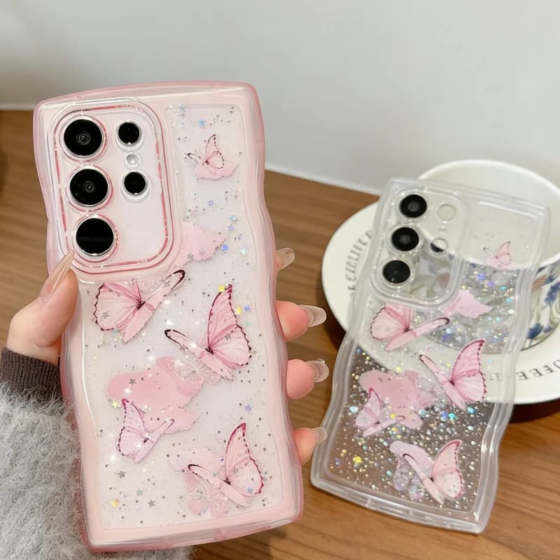 Custodia di lusso con paillettes e glitter a goccia a forma di farfalla per Samsung S26 S25 S24 S23 S22 Plus Ultra FE A15 A06 A16 A36 A56 A26 A35 A25
