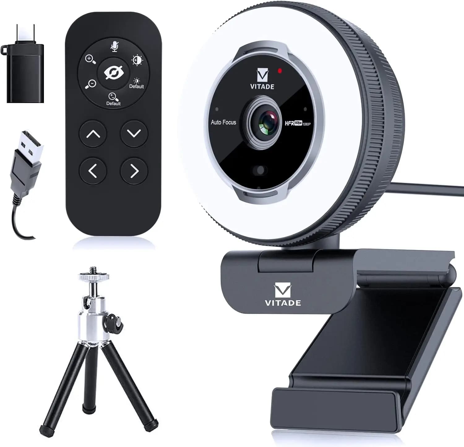 Webcam Zoomable with Remote Control, Webcam for Streaming 1080P 60FPS with Adjustable Ring Light and Tripod, Professional USB Webcam with Zoom Digitale 5X