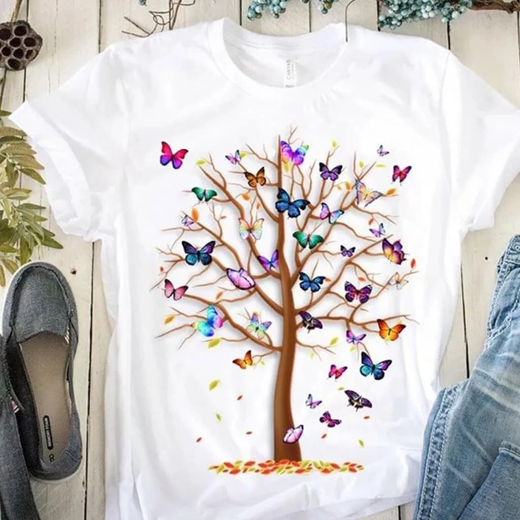 T-Shirt Harajuku con stampa albero farfalla da donna, Top girocollo, manica corta, maglietta estiva Casual