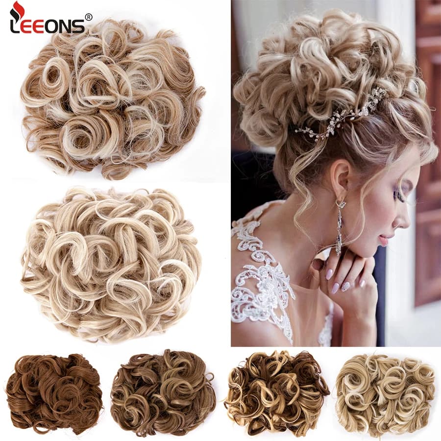 Leeons Chignon sintetico per capelli Marrone Biondo Ricci Chignon Disordinato Pettine Clip nell'estensione dei capelli Updos Posticci per le donne