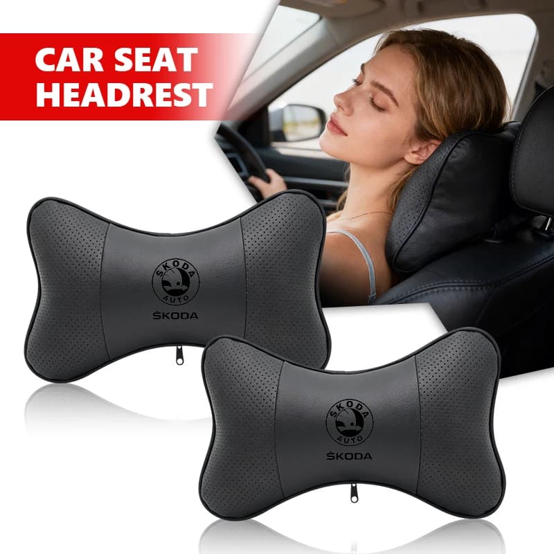 For Skoda Car Seat Headrest PU Leather Neck Pillow Breathable Cushion Kamiq Karoq Octavia 2 3 Rapid Scala Kami Fabia VII VRS