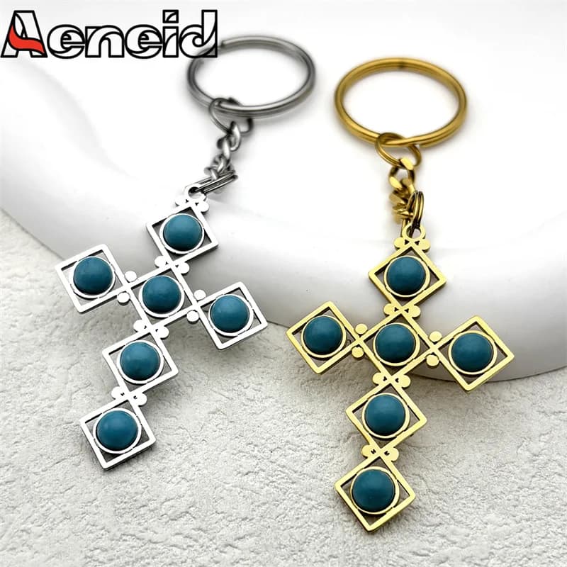 Boho Portachiavi in pietra turchese in acciaio inossidabile per donna Uomo Portachiavi con ciondolo croce Amuleto cattolico Gioielli Regalo di guarigione Reiki
