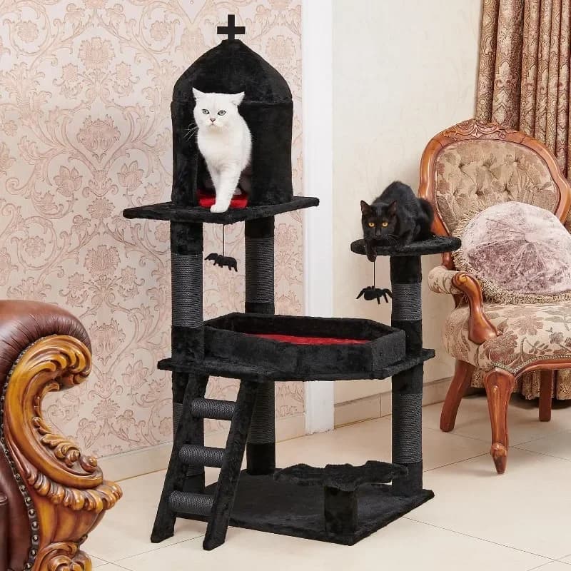 tt Albero per gatti con letto a bara, torre per gatti da 55" con gatto spazioso, pali antigraffio, palla sospesa con ragno
