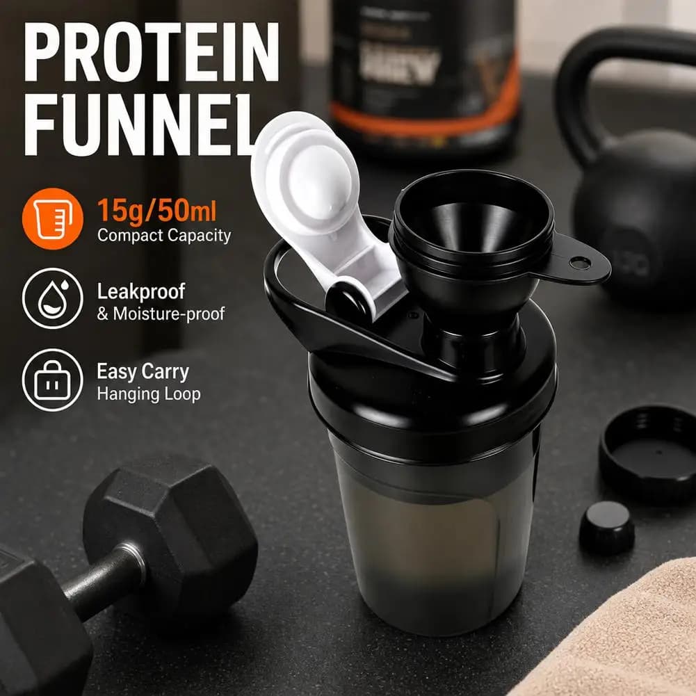 PP Plastic Protein Powder Funnel Container 50ml Portable with Carabiner & Reinforced Cap for Fitness Traveling Workout