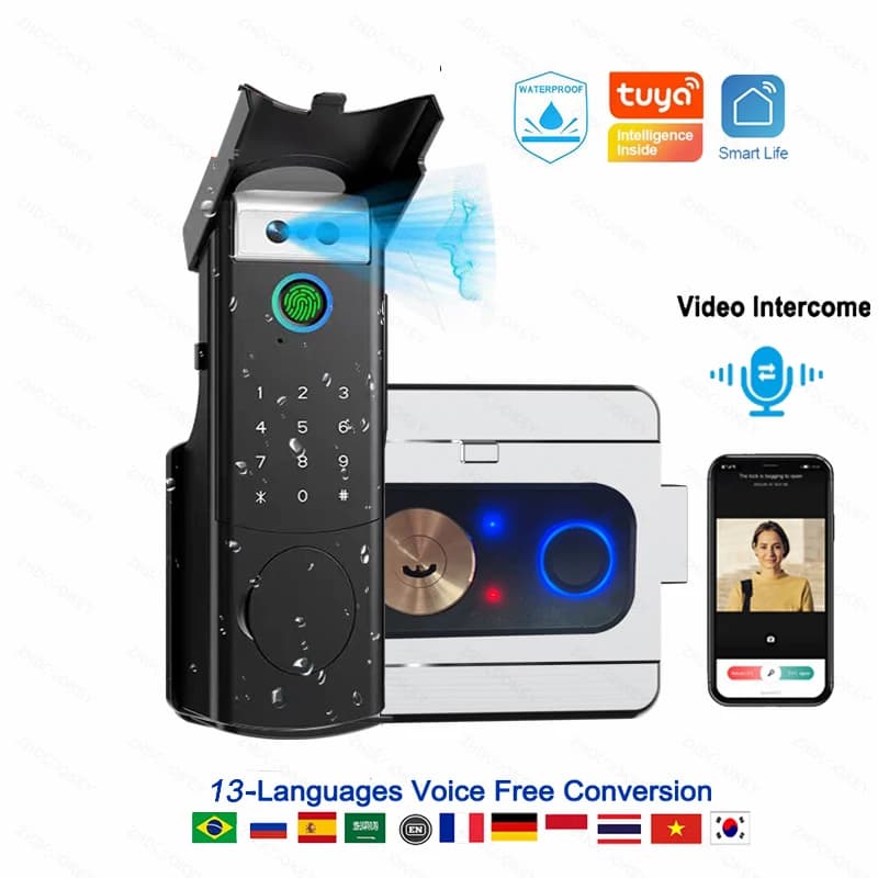 Citofono impermeabile Riconoscimento facciale Tuya Wifi Codice impronta digitale Scheda RFID Smart Lock con campanello/batteria al litio ricaricabile/tastiera