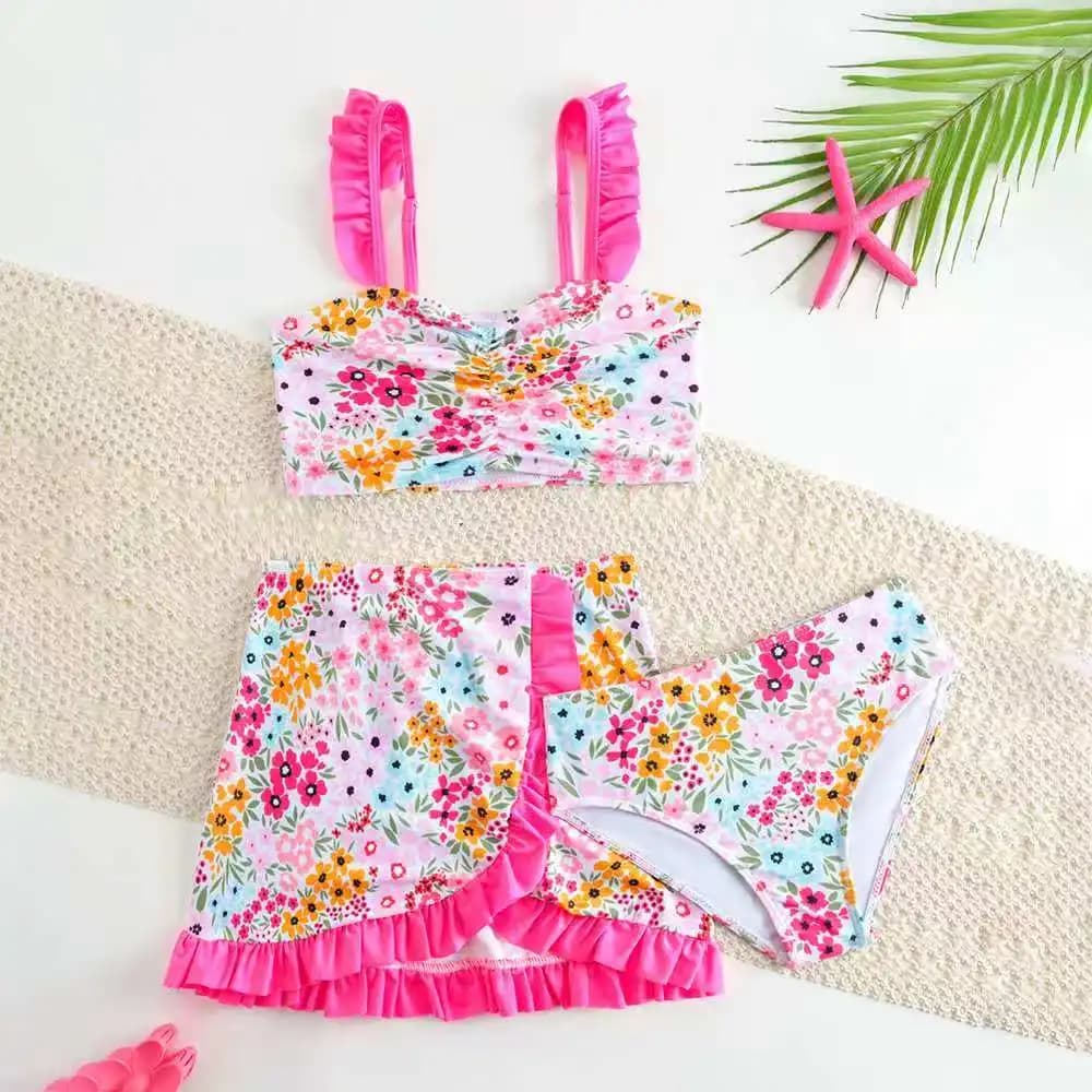 Costume da bagno stampato per bambine 2026, 3 pezzi, bikini a vita alta con volant, per bambine 4-7 anni