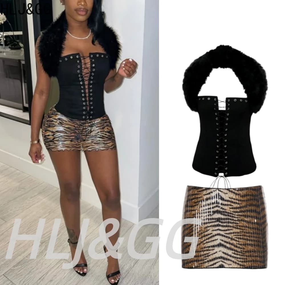 HLJ&GG Set Due Pezzi Donna con Top Corto Halter e Gonna Mini con Stampa Tigre di Paillettes, Abito Senza Schienale con Fascia, Tendenza Moda 2026