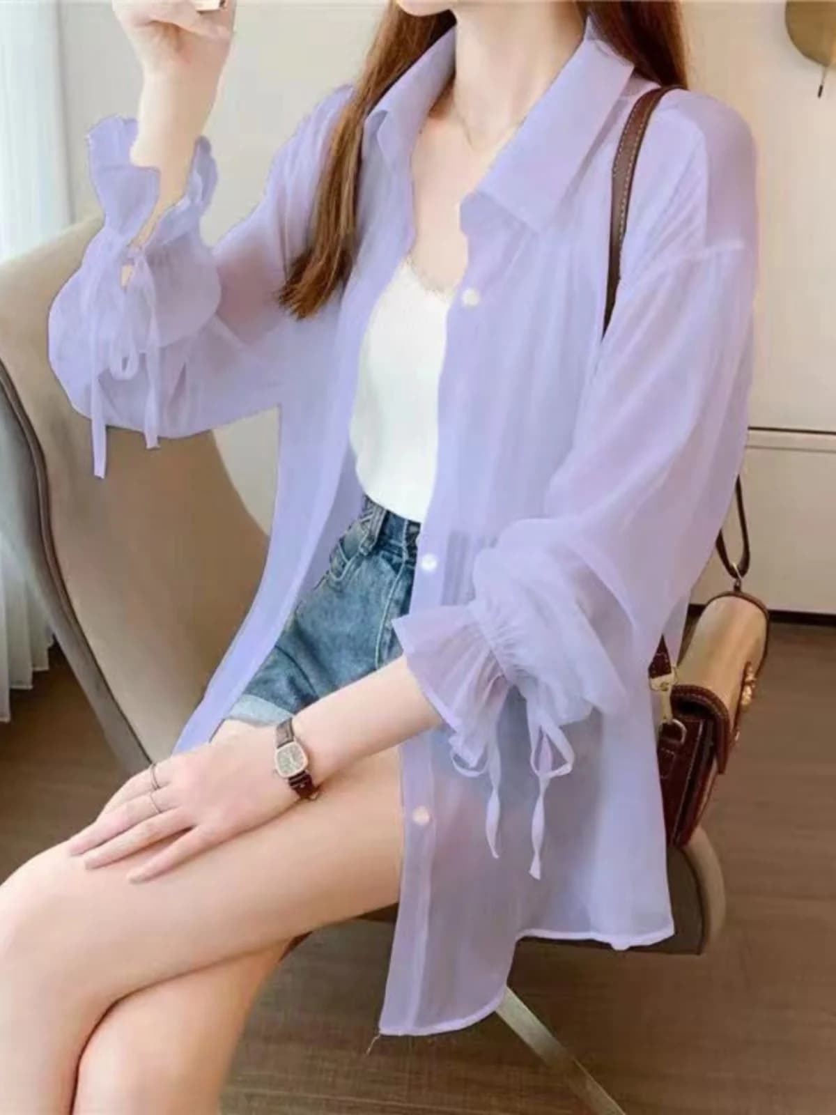 Nuova Camicia Estiva da Donna 2024 in Chiffon, Cardigan Leggero con Protezione UV, Maniche Lunghe Annodate