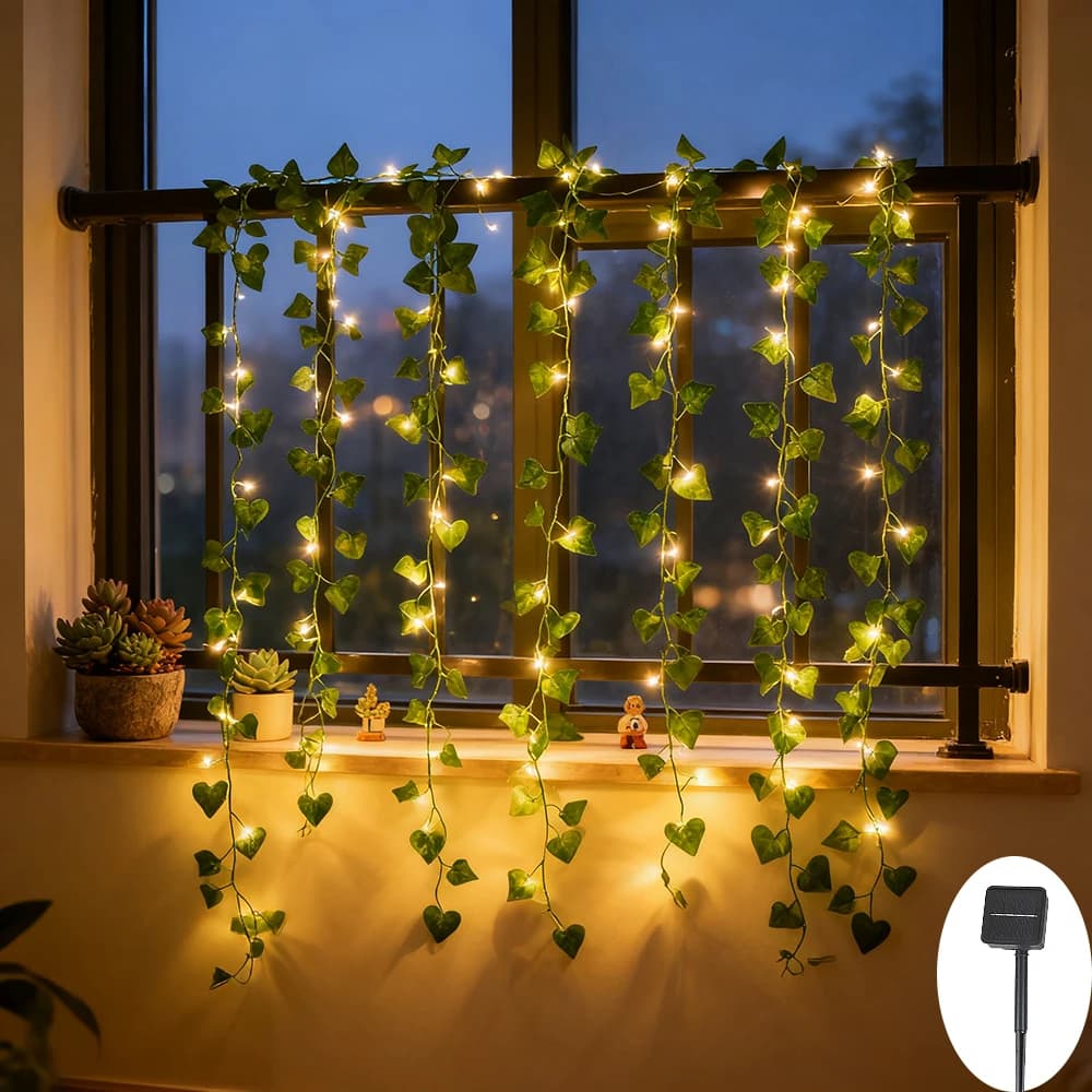 Luci a Corda Solari a Forma di Edera, Ghirlanda Luminosa Artificiale con Foglie Verdi per Decorazioni Esterne di Feste e Giardini