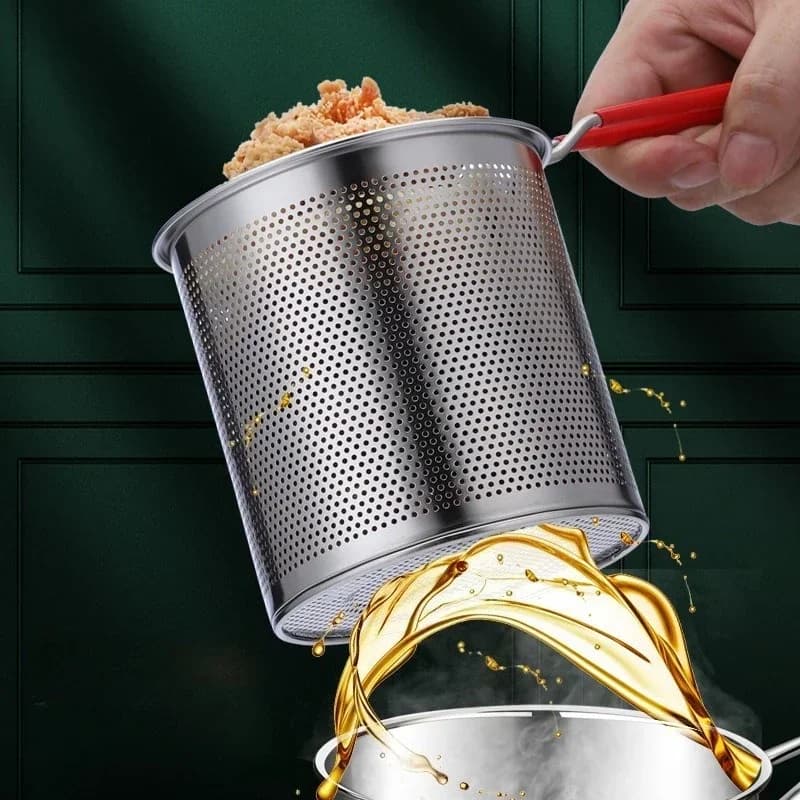 Friggitrice in Acciaio Inox con Cestello Multiuso per Casa e Commercio, per Tempura e Pollo Fritto, Base Antiscivolo, Manico Isolato