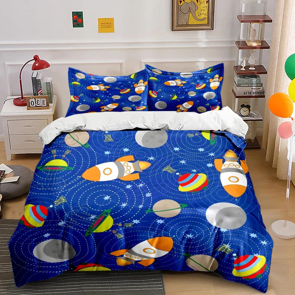 Set di biancheria da letto con stampa spaziale, razzi e pianeti, 1 copripiumino, 2 federe per adulti e bambini, regalo di lusso, misura completa