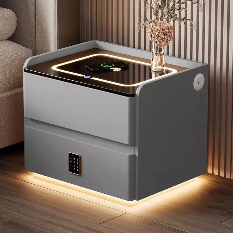 Comodino intelligente in legno massello con ricarica wireless Comodino a 2 cassetti in stile nordico con armadietto laterale con luce con sensore di blocco