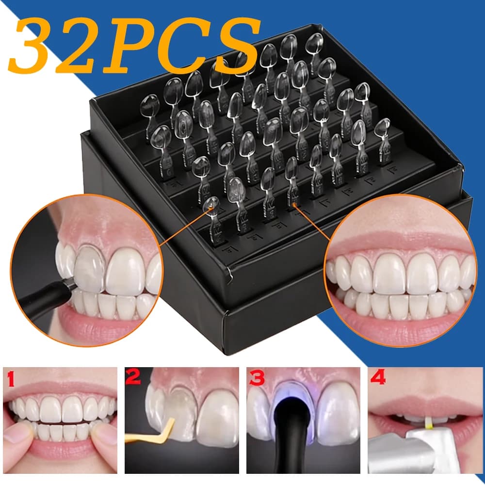 Kit di 32 Stampi per Faccette Dentali in Resina Composita a Polimerizzazione Luminosa per Denti Anteriori, Strumenti Autoclavabili per Sbiancamento