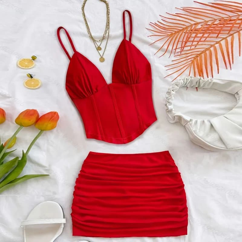 Skirt Set for Women 2026 New Summer Spaghetti Strap V-Neck Slim Sexy Mini Women Skirt Set Two Piece Sets Womens Outfits Q3887