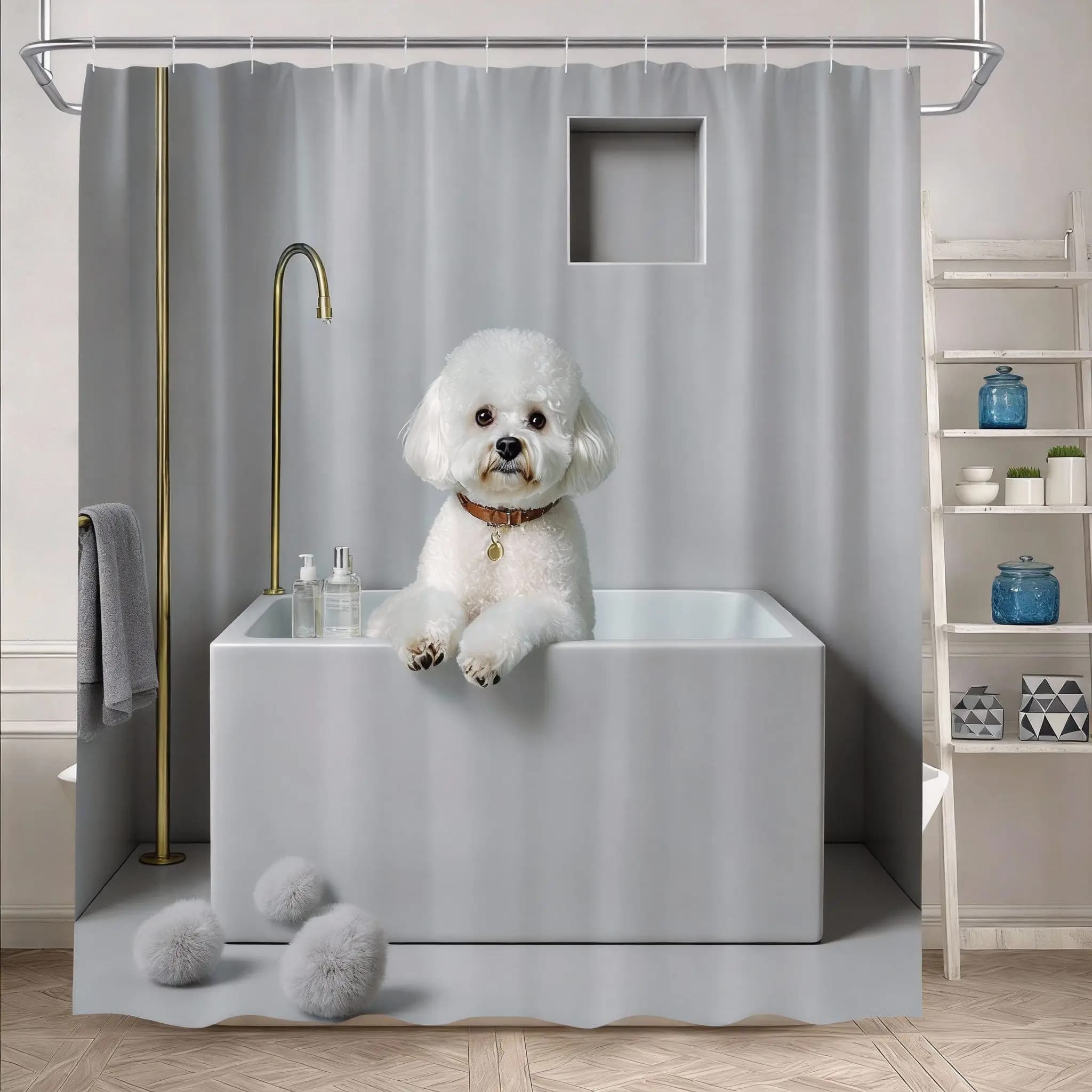Tenda da doccia Poodle 180x180 cm – Cane soffice in vasca da bagno blu pastello, decorazione per il bagno con piastrelle a mosaico, 12 ganci