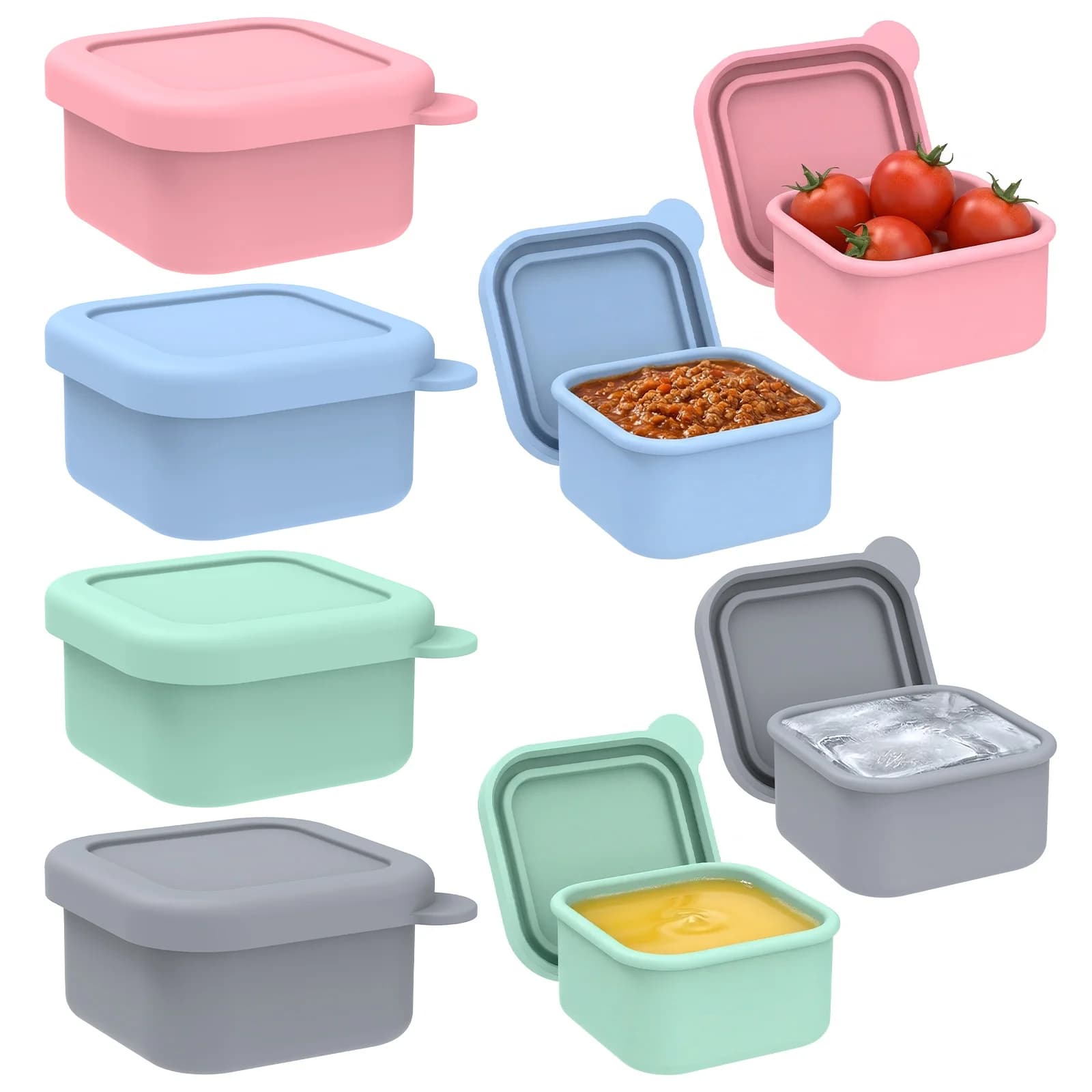 Set da 4/8 Pezzi di Stampi in Silicone da 100 ml con Coperchio per Congelatore, Contenitori per Zuppe, Salse, Porzioni Piccole e Dessert Congelati