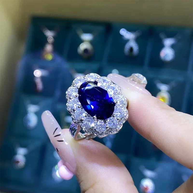Anello aperto lussuoso con diamanti pieni di corindone blu spinello per donna Orecchini pendenti eleganti Set di tre pezzi