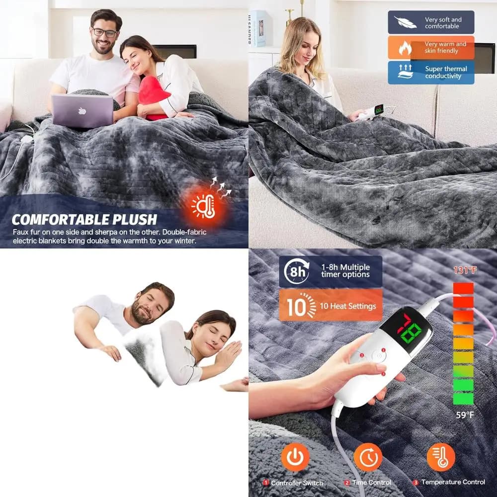 Coperta Elettrica in Finta Pelliccia Sherpa, 5 Timer e 10 Livelli di Calore, 72x84 Grigio per Divano e Letto Accogliente