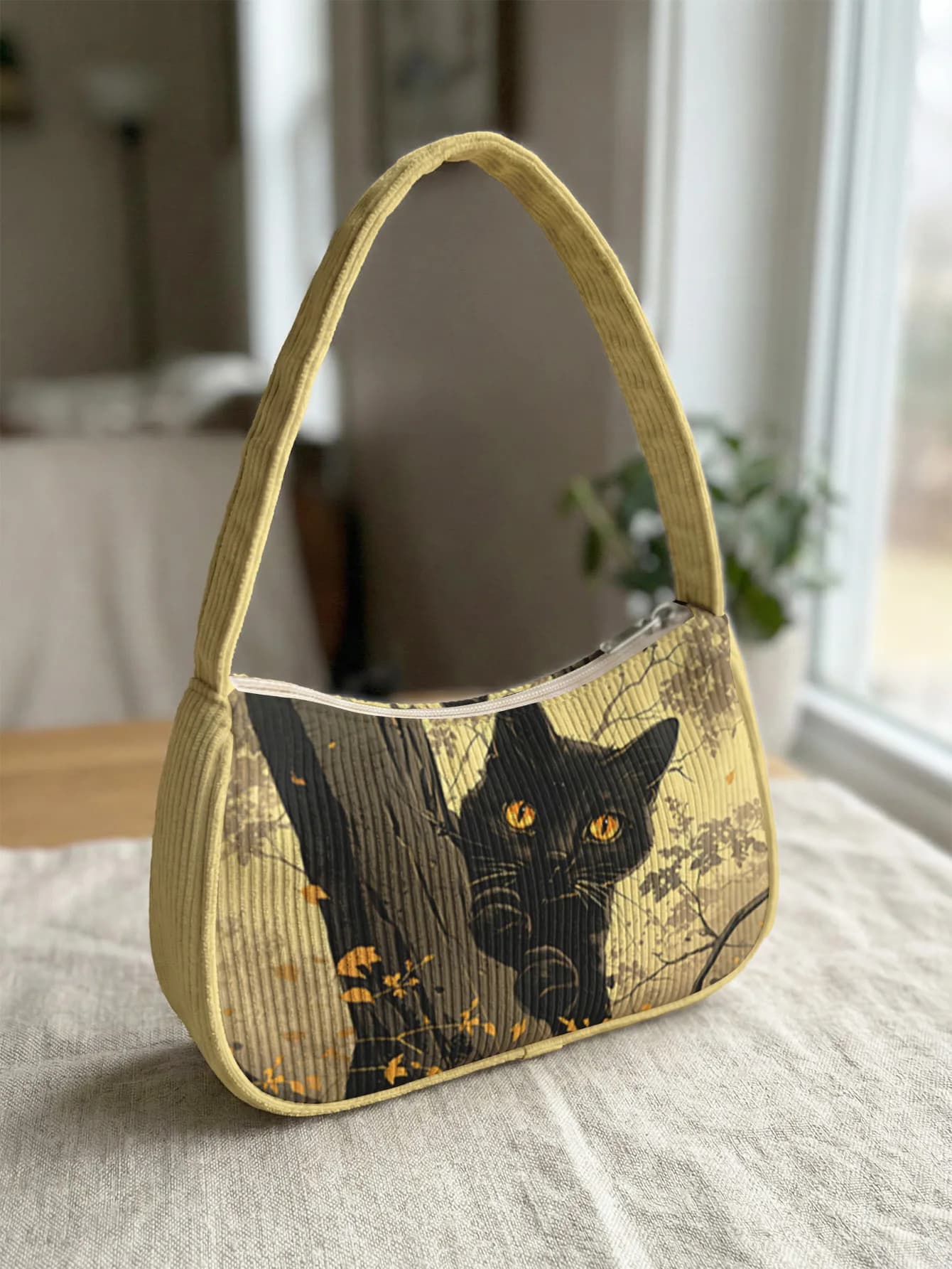 Borsa a Tracolla Trendy con Stampa Gatto Nero Misterioso e Albero Autunnale, Borsa Sottospalla Vintage in Velluto a Coste Giallo