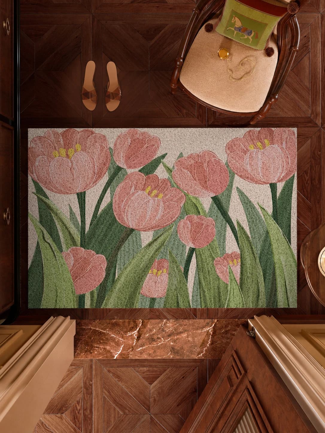 Elegante Zerbino Floreale con Anello Metallico Antiscivolo per Ingresso, Tappeto Decorativo con Motivo Floreale per Veranda, Ideale per Fango e Sporco