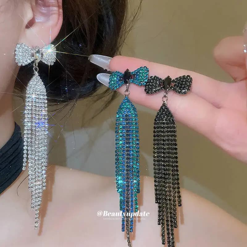 Elegant Pendant Earrings with bow and tassel, with Silver Diamonds and Pins, American European Style, Unique and Exaggerated