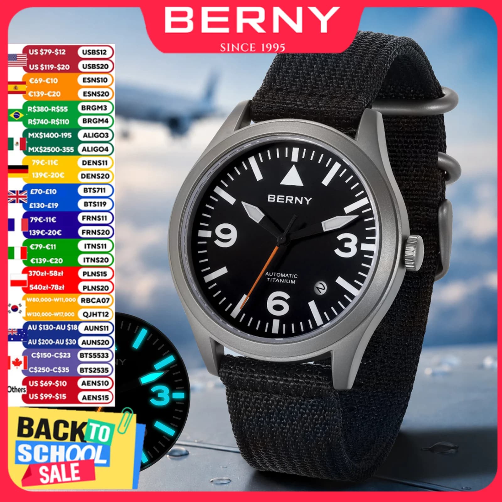 BERNY Orologio automatico da uomo in titanio pieno con rivestimento AR in zaffiro 10Bar Orologio da polso da uomo super luminoso Orologi sportivi da uomo per aviazione