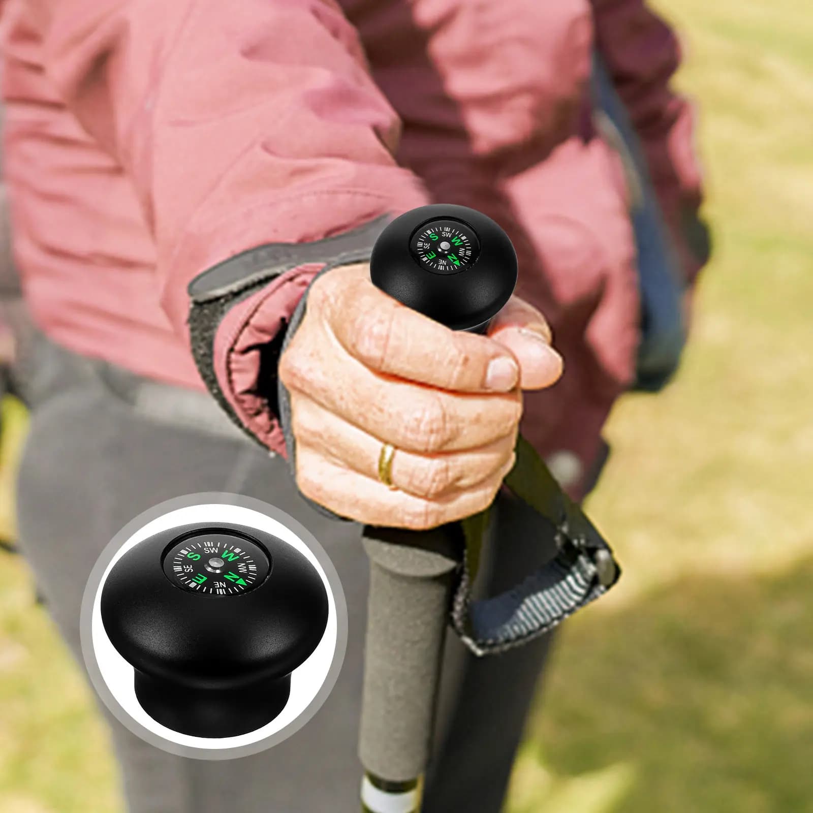 Portable Trekking Stick Compass, Aluminum Alloy Hiking Stick Cap, Comoda Spherical Handle, Open Adventure Tool