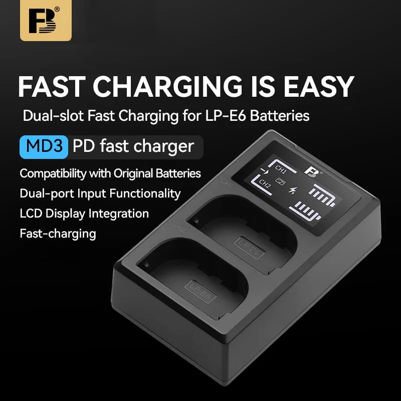 Fast Charge Dual Slot Camera Battery Charger for Canon LP-E6 LCD Display Type-C/USB InputTravel Power Bank Friendly