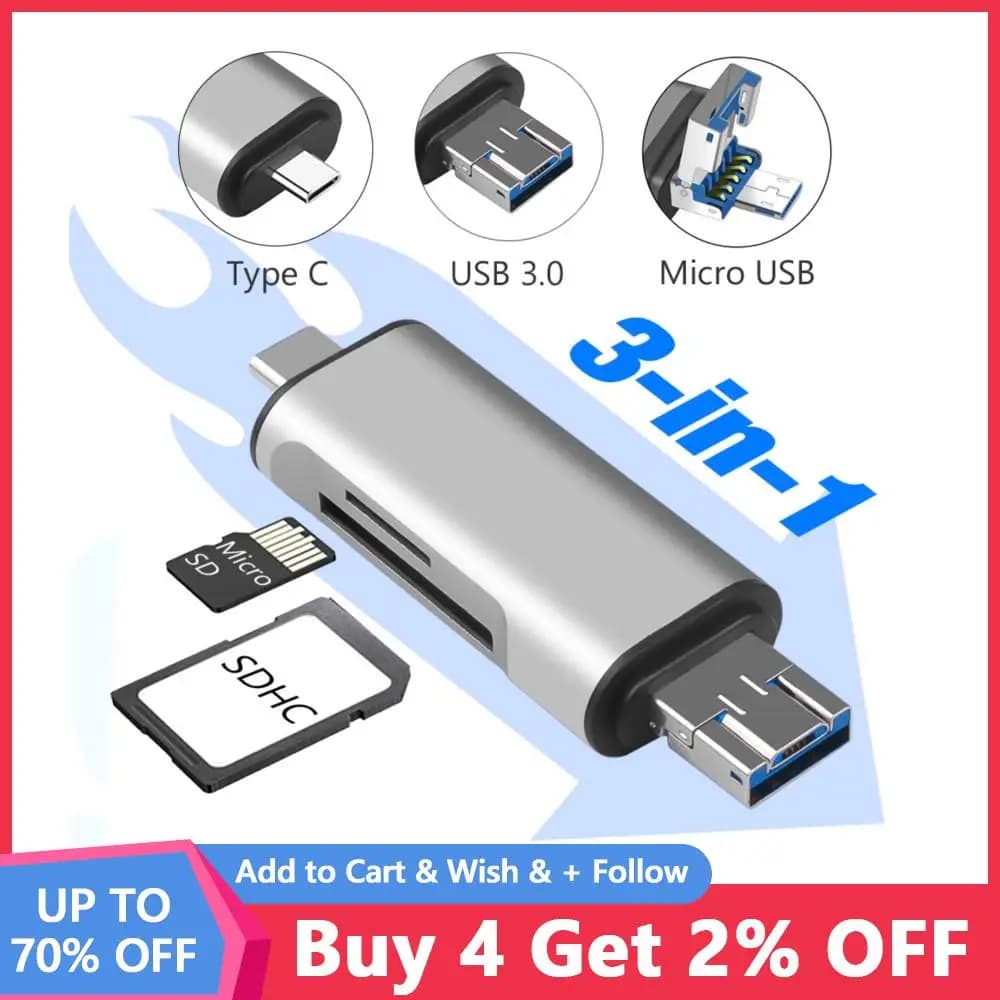 Lettore di Schede SD 3 in 1 USB 3.0/Micro USB/Type C, Lettore di Schede di Memoria Intelligente OTG, Adattatore per Schede Flash per Samsung e Macbook