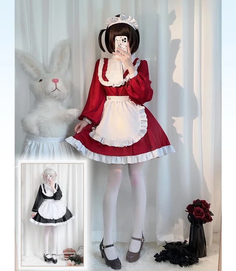 Japanese Style Y2K Jirai Kei Cat Kawaii Black White Long Sleeve Anime Cosplay Costume Maid Dress Fancy Dress Female Women Comic