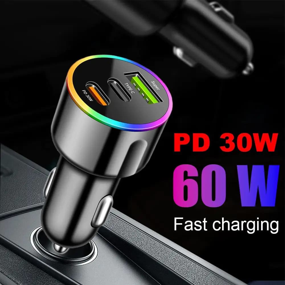 Charger from Auto PD to Quick Charging, USB Type C to Double Door for Cell Phones and Tablets