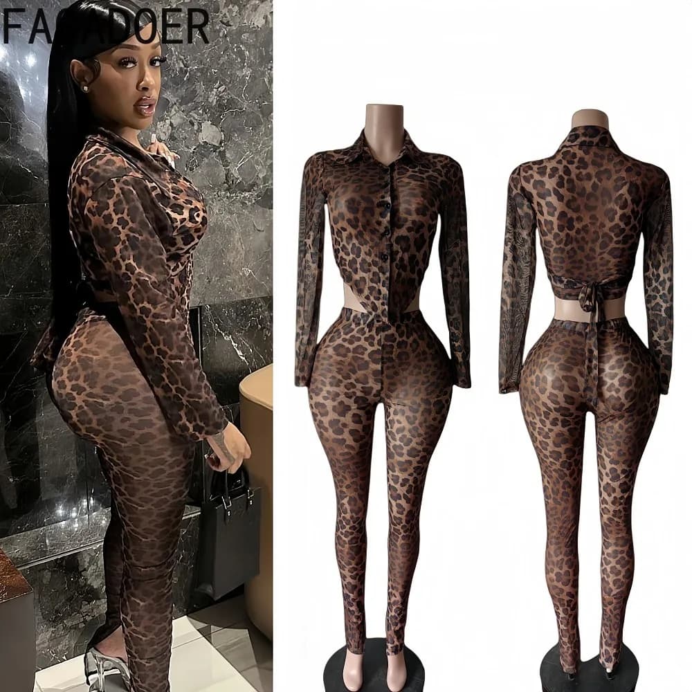 FAGADOER Set da 2 pezzi con stampa leopardata sexy per donna Completo con fasciatura in rete Patchwork Crop Top e pantaloni abbinati a streetwear femminile