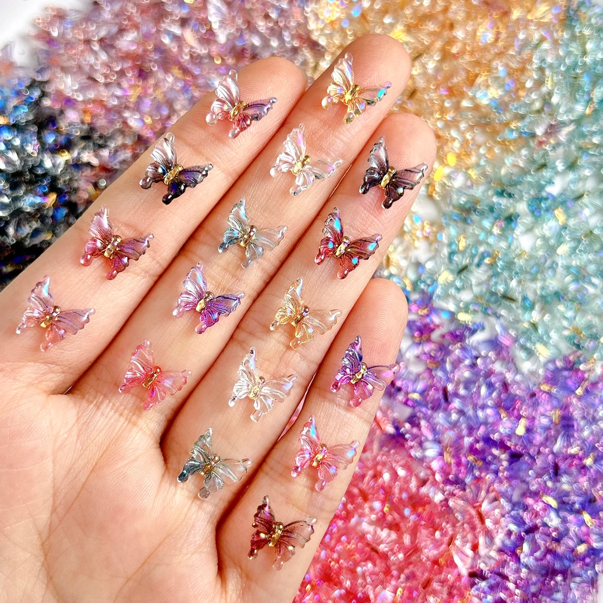 30 pezzi di ciondoli per unghie a farfalla trasparenti multicolori dolci, resina 3D lucida, piccola farfalla, decorazione per unghie artistiche per artigianato fai da te