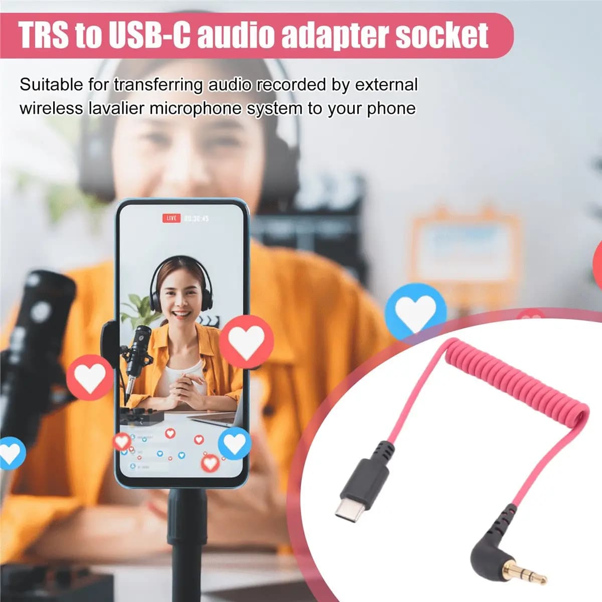 (A02R) USB C to 3.5mm Cable for RODE Wireless Go II, Coiled Right Angle TRS Male DAC AUX Adapter Audio Cord