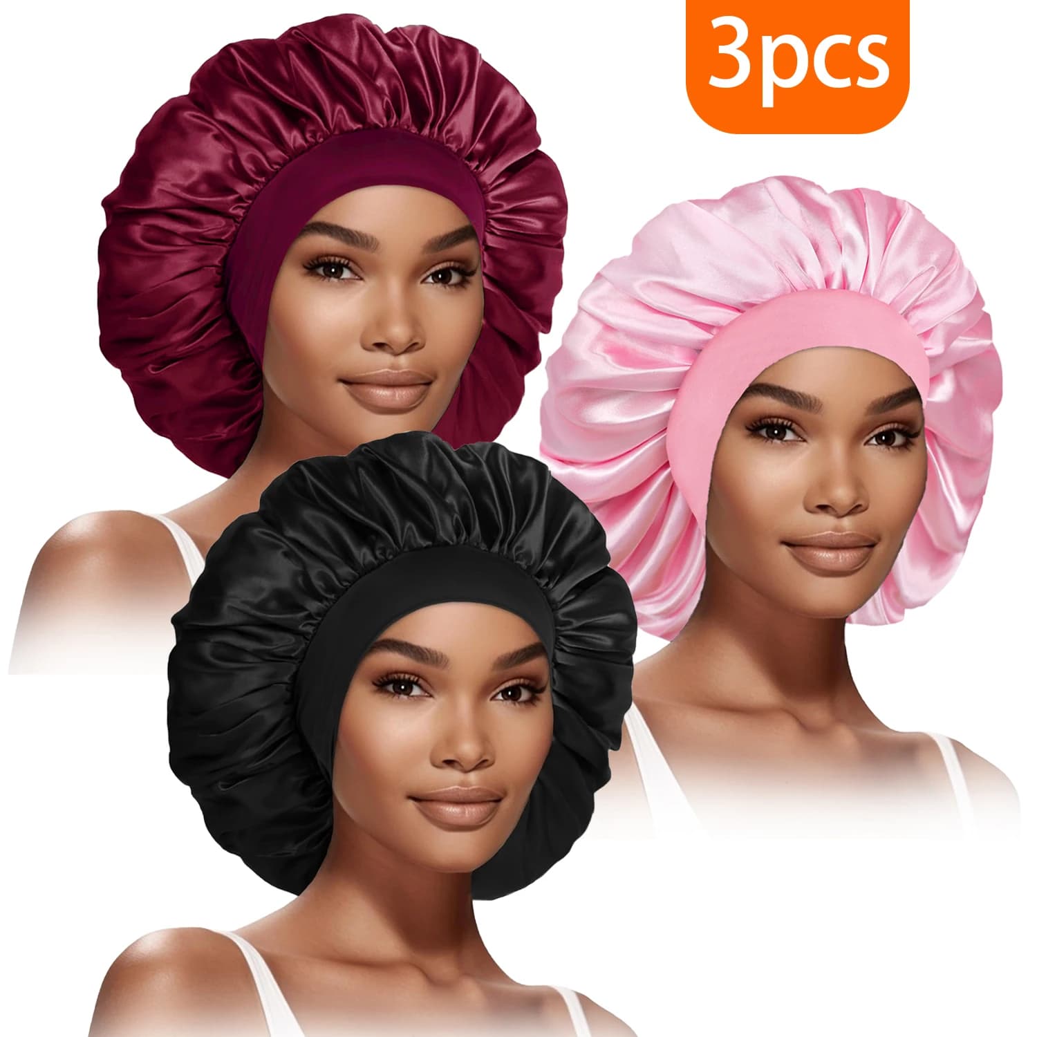 3 pezzi moda donna cofano grande bordo largo cappello elastico sport casual seta liscia adatto per capelli lisci arricciati cappello da notte