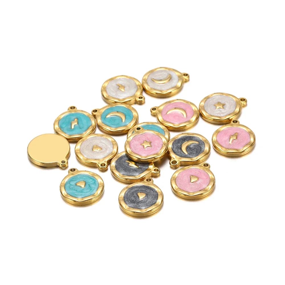 5 pendenti con ciondoli a forma di stella di luna in smalto rotondo squisito in acciaio inossidabile per braccialetti, orecchini, gioielli, creazione di collane fai da te