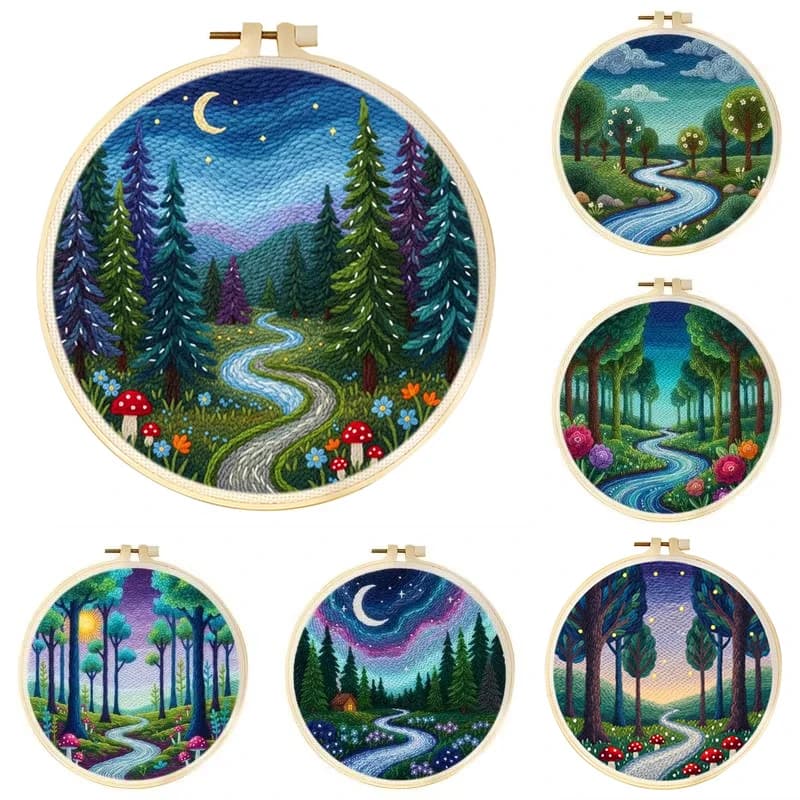 Punch Needle Kit For Adults Forest River Landscape Poke Embroidery Set DIY Cross Stitch Handcraft for Beginner Home Wall Decor