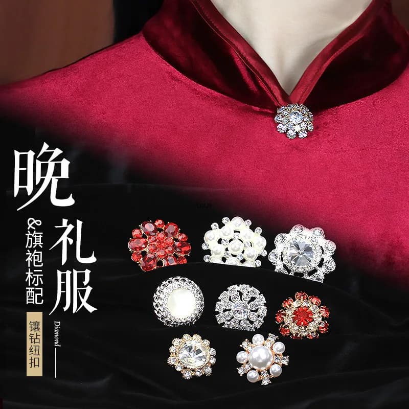 Crystal Diamond Button Congsam Evening Dress Metal Inlaid Diamond Button Decorative Coat Cardigan Coat Pearl Button
