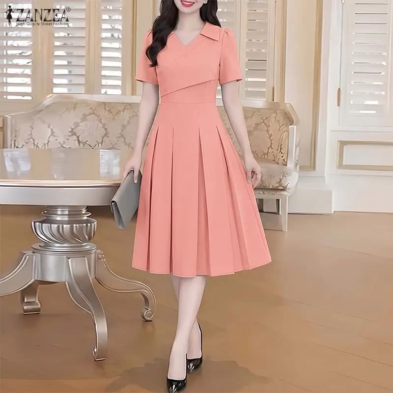 Elegant V Neck Office Dresses ZANZEA Women Short Sleeve Pleated Sundress Summer A Line Dress Stylish Solid OL Work Midi Robe