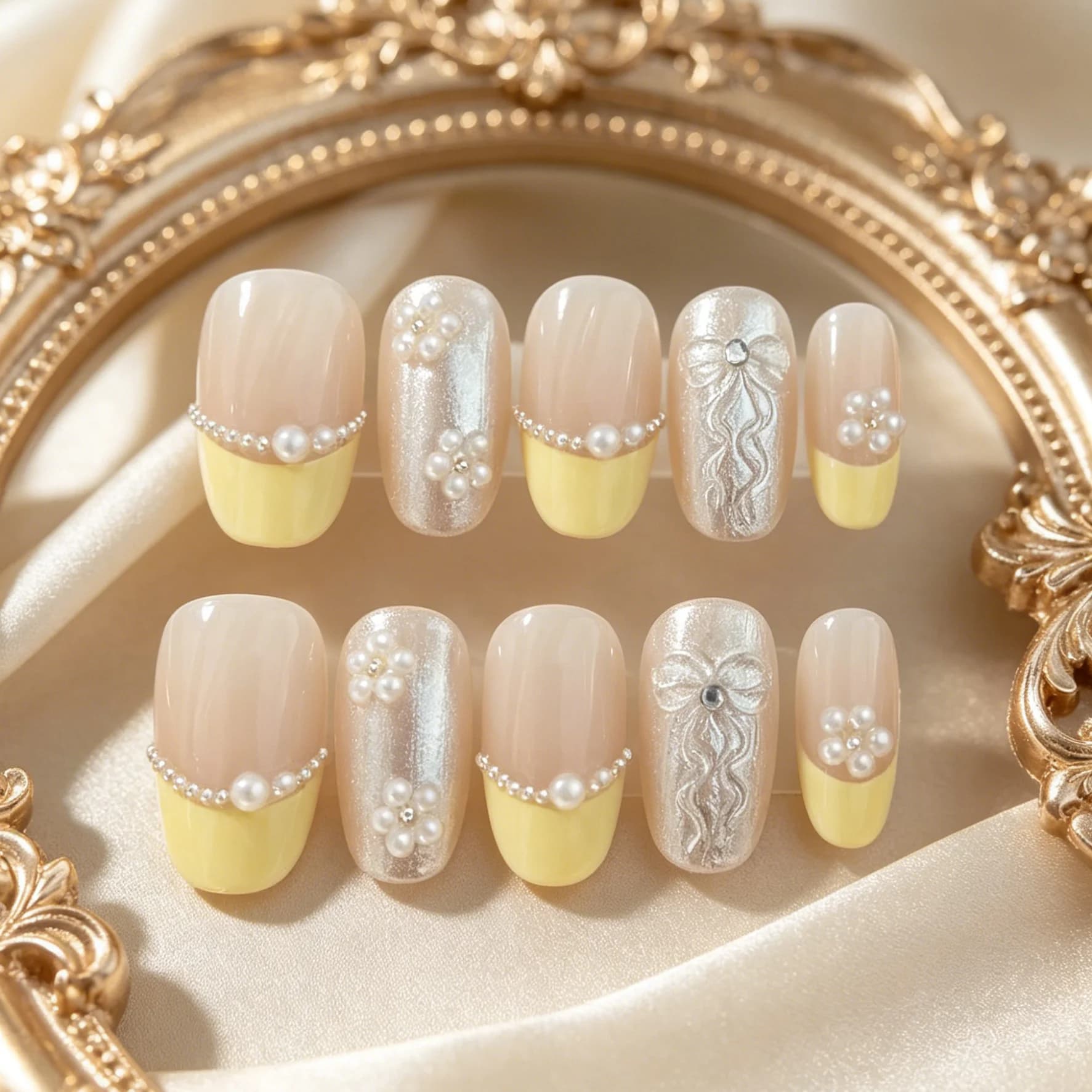 10 pezzi di unghie ovali pressate a mano, bellissime unghie finte, nail art gialla fresca e delicata, adatte per le donne.