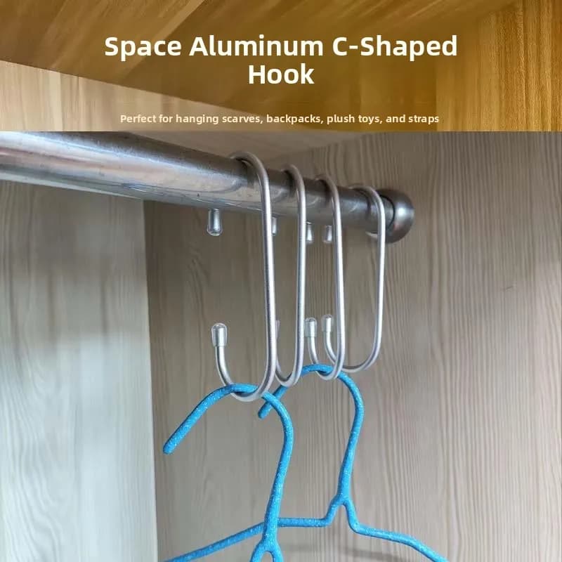 Space Aluminum C-Shaped Closet Clothes Hanger Rack Scarf Underwear S-Hooks No Drilling Required Clothing Store Long Hooks